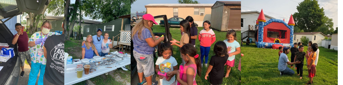 Images from the party: A nurse gives a vaccination, Organizers pose at a table with food, Children receive gifts, Children gather outside an inflatable castle bounce house