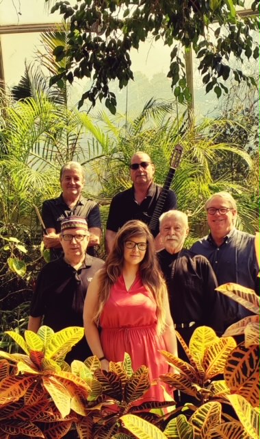 Samba Llamas : A woman stands in the front, five men stand around her surrounded by tropical leaves