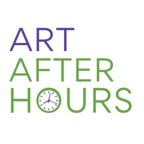 The word Art in purple and the words After Hours in green. The first "O" in Hours is a clock.