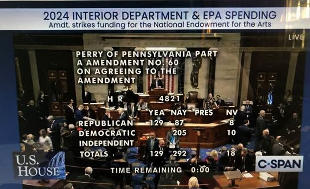 Screencap of CSPAN showing the House voting down the amendments to eliminate funding for the National Endowment for the Arts
