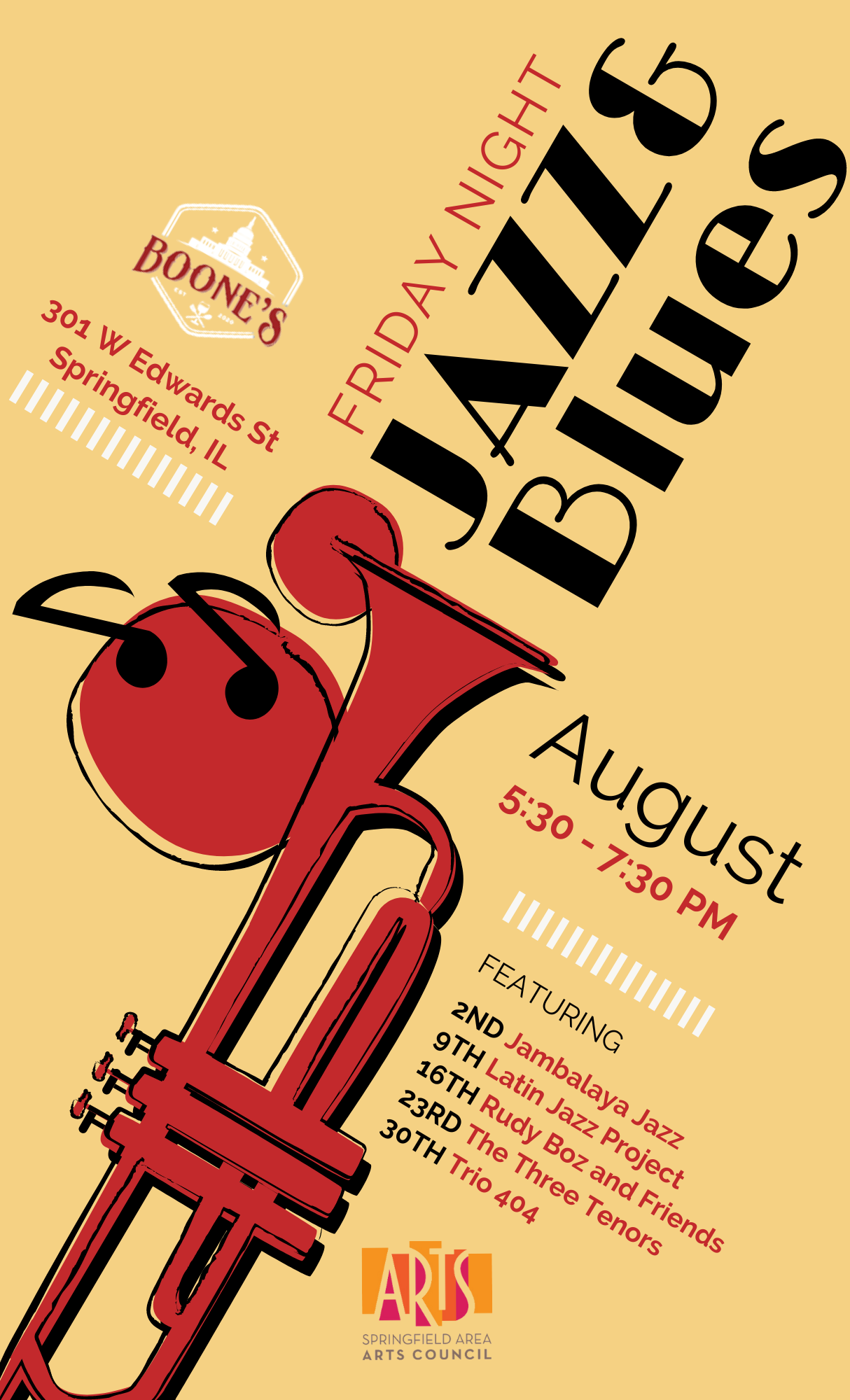 poster advertising friday night jazz and blues featuring a red sketch of a trumpet, music notes, and circles