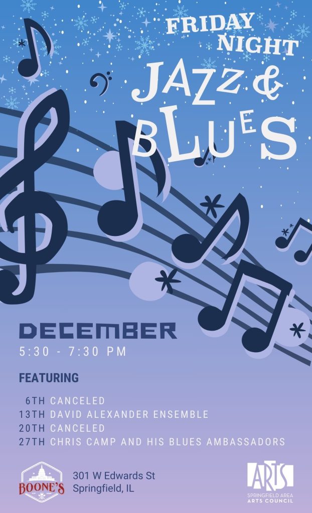 Friday Night Jazz & Blues event poster with line-up of musicians listed under musical notes on a music staff, light blue and purple gradient background, snowflakes falling.