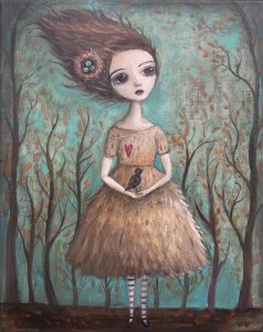 A painting of a girl standing in front of trees, wearing a dress and holding a bird in her crossed hands. Her hair is blown back, and a bird's nest with three eggs is nestled in her hair.