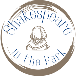 Brushed circle surrounding outline of Shakespeare. "Shakespeare in the Park"