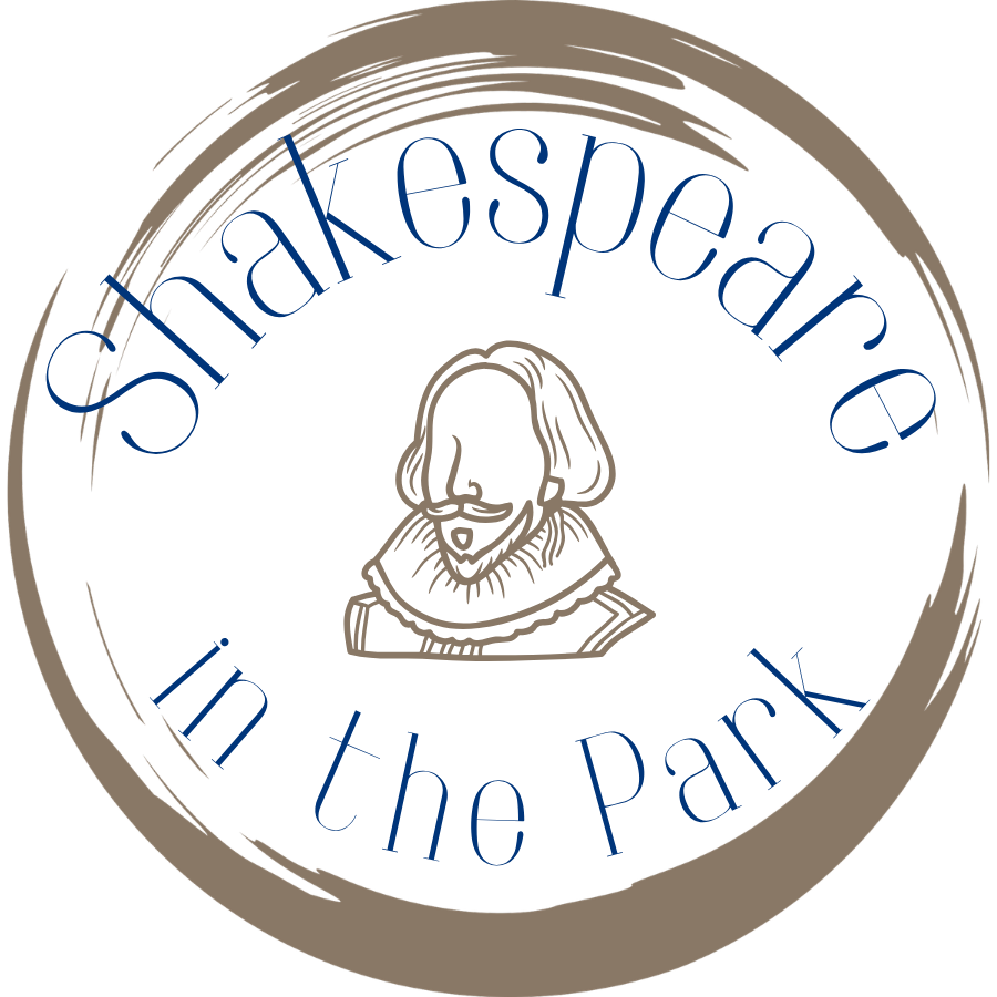 Brushed circle surrounding outline of Shakespeare. "Shakespeare in the Park"