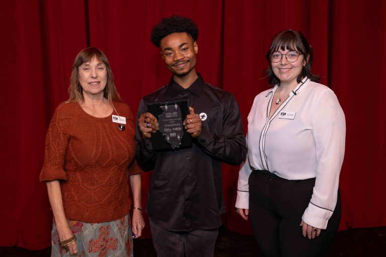 Springfield Area Arts Council Staff posing with the Poetry Out Loud Illinois State Finalist